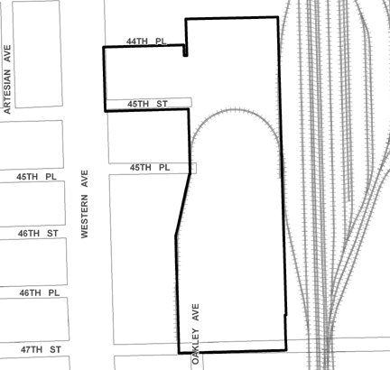 45th/Western TIF district, roughly bounded on the north by 44th Street, 47th Street on the south, the Norfolk Southern railroad tracks on the east, and Western Avenue on the west.